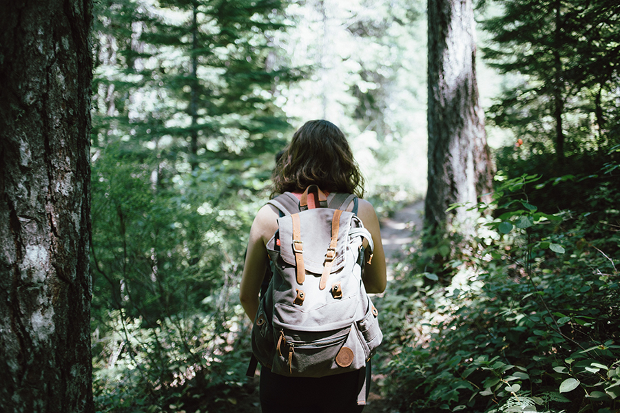 Junge Frau mit Rucksack von hinten läuft durch den Wald