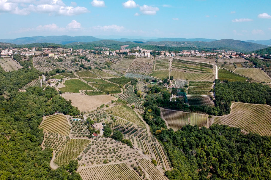Blick von oben auf das Weingebiet Chianti in der Toskana